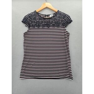 Elle Striped Lace Yoke Top Navy White Red Short Sleeve Knit Shirt Womens Small